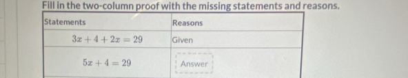 Fill in the two-column proof with the missing statements and reasons.