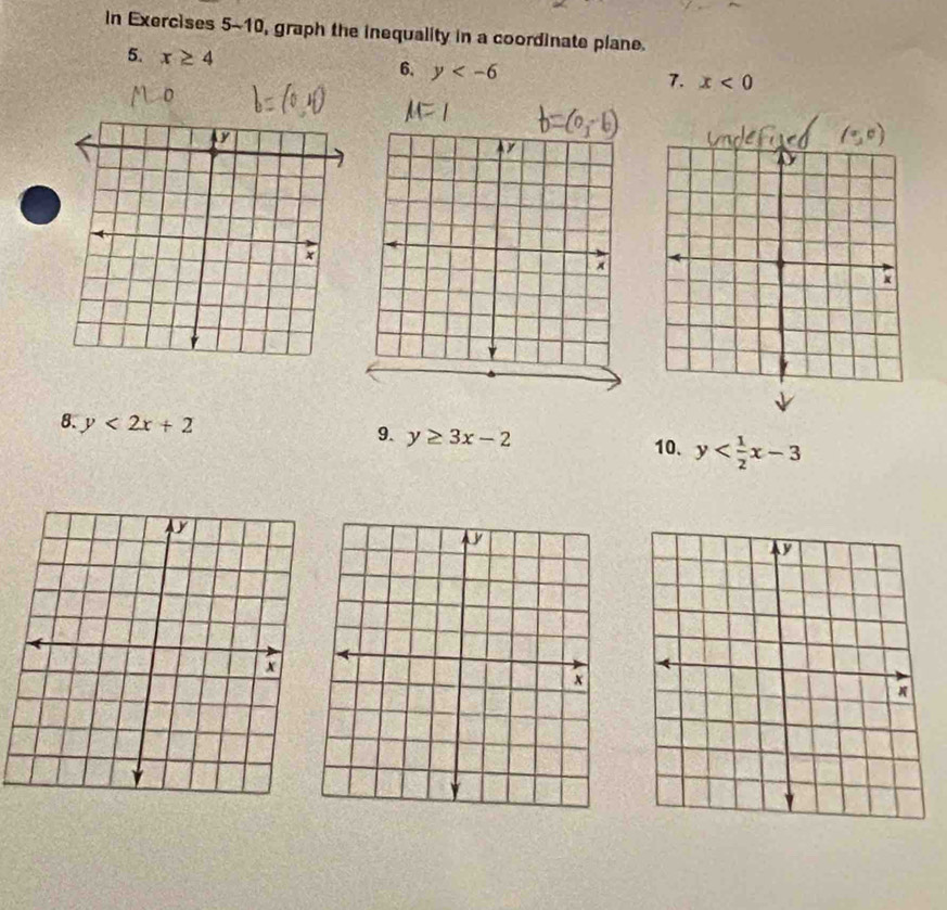 in Exercises 5-10, graph the inequality in a coordinate plane. 
5. x≥ 4
6. y
7. x<0</tex> 
8. y<2x+2
9. y≥ 3x-2 10. y