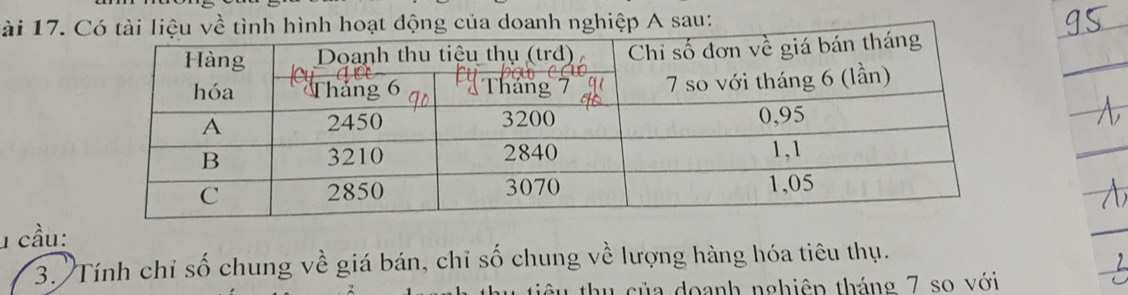 ài 17. 
1 cầu: 
3.Tính chỉ số chung về giá bán, chỉ số chung về lượng hàng hóa tiêu thụ. 
thu của doanh nghiệp tháng 7 so với