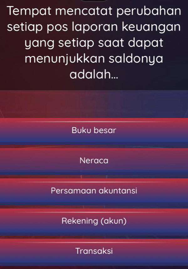 Tempat mencatat perubahan
setiap pos laporan keuangan
yang setiap saat dapat
menunjukkan saldonya
adalah...
Buku besar
Neraca
Persamaan akuntansi
Rekening (akun)
Transaksi