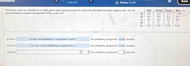 lomework Part 3 of 5 Points: 0 of 5 Save
The plastic arrow on a spinner for a child's game stops rotating to point at a color that will determine what happens next. Are the
given probability assignments possible? Why or why not?
a) Since at least one probability is not between 0 and 1, this probability assignment is not possible.
b) Since the sum of the probablities is greater than 1, this probability assignment is not possible
c) Since this probability assignment possible