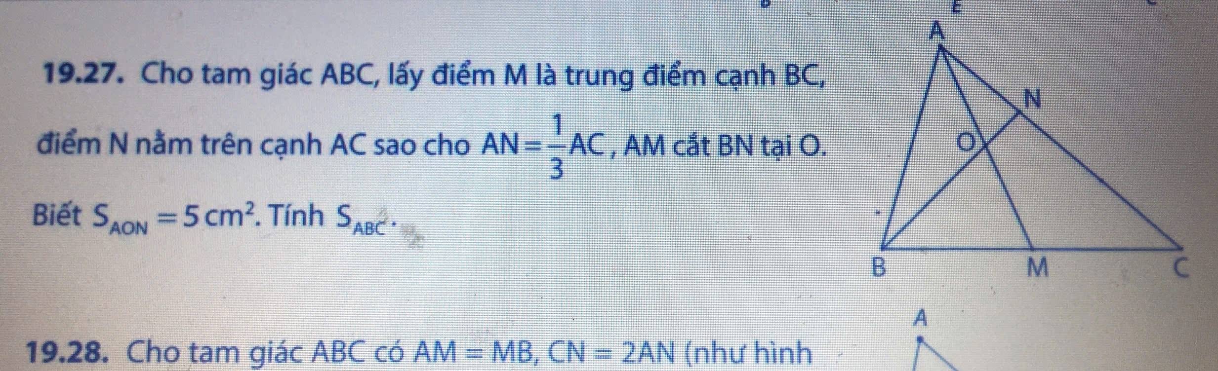 Cho tam giác ABC, lấy điểm M là trung điểm cạnh BC, 
điểm N nằm trên cạnh AC sao cho AN= 1/3 AC , AM cắt BN tại O. 
Biết S_AON=5cm^2. Tính S_ABC. 
19.28. Cho tam giác ABC có AM=MB, CN=2AN (như hình