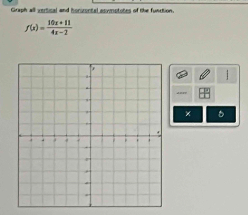 Graph all vertical and horizontal asymototes of the function.
f(x)= (10x+11)/4x-2 
---