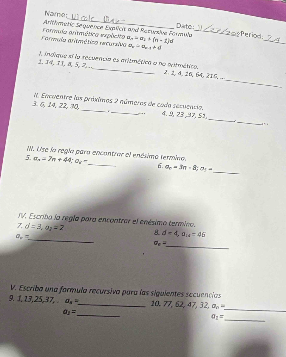 Solved: Name: Date: _ Arithmetic Sequence Explicit and Recursive ...