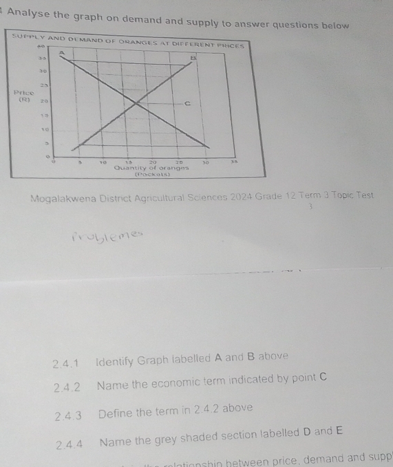 Analyse the graph on demand and supply to answer questions below 
SUPPLY AND DEMAND OF ORANGES AT DIFFERENT PRICES 
Prt 
(R) 
(Pockols) 
Mogalakwena District Agricultural Sciences 2024 Grade 12 Term 3 Topic Test 
3 
2.4.1 Identify Graph labelled A and B above 
2.4.2 Name the economic term indicated by point C
2.4.3 Define the term in 2.4.2 above 
2.4.4 Name the grey shaded section labelled D and E
olntionshin between price, demand and supp