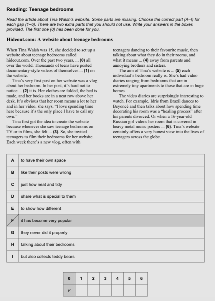 Reading: Teenage bedrooms 
Read the article about Tina Walsh's website. Some parts are missing. Choose the correct part (A-I) for 
each gap (1-6). There are two extra parts that you should not use. Write your answers in the boxes 
provided. The first one (0) has been done for you. 
Hideout.com: A website about teenage bedrooms 
When Tina Walsh was 15, she decided to set up a teenagers dancing to their favourite music, then 
website about teenage bedrooms called talking about what they do in their rooms, and 
hideout.com. Over the past two years, ... (0) all what it means ... (4) away from parents and 
over the world. Thousands of teens have posted annoying brothers and sisters. 
documentary-style videos of themselves ... (1) on The aim of Tina’s website is ... (5) each 
the website. individual’s bedroom really is. She’s had video 
Tina’s very first post on her website was a vlog diaries ranging from bedrooms that are in 
about her bedroom. In her post, it’s hard not to extremely tiny apartments to those that are in huge 
notice ... (2) it is. Her clothes are folded, the bed is homes. 
made, and her books are in a neat row above her The video diaries are surprisingly interesting to 
desk. It’s obvious that her room means a lot to her watch. For example, Idris from Brazil dances to 
and in her video, she says, “I love spending time Beyoncé and then talks about how spending time 
here because it’s the only place I have to call my decorating his room was a “healing process” after 
own.” his parents divorced. Or when a 16 -year-old 
Tina first got the idea to create the website Russian girl videos her room that is covered in 
because whenever she saw teenage bedrooms on heavy metal music posters ... (6). Tina’s website 
TV or in films, she felt ... (3). So, she invited certainly offers a very honest view into the lives of 
teenagers to film their bedrooms for her website. teenagers across the globe. 
Each week there’s a new vlog, often with