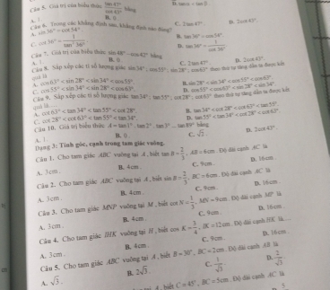 n. 2015
Câu 5. Giá trị của biểu thức  tan 47°/cot 43°  bàng
A. |
C. 2tan 47° D. 2cot 43°
a0 6. Trong các khẳng đìsh sau, khẳng định náo đùng? sin 36°=cos 54°. B. ()
A.
C cot 16°= 1/tan^236°  B. tan 30°=cos 54°.
D. cos 36°= 1/cot 36° 
Câu 7. Giá trị của biểu thức sin 48°-cos 42° hàng 2cos 43°.
A |
B. 0 f 2tan 47°
Câu 8. Sập xếp các tí số lượng giác sin 24°,cos 15°:sin 28°.cos 60° theo thứ tự thng dẫm tà đưược kến
qué là
A. cos 63° B. sin 28°+sin 34°+cos 33°+cos 63°. cos 55°
C. cos 55° n
Cập 9. Sắp xếp các tỉ số lượng giác tam 34°:tan 55°:cot 28°:cot 63° theo thứ tự tàng dân ta được kết
quà lià
A. cot 63° B. tan 34°
C. cot 28° D. tan 55° bàng 2cot 43°
Câu 10. Giá trị biểu thức A=tan 1°.tan 2°.tan 3°.tan 89° B. (. C. sqrt(2) D.
A. 1
Dang 3: Tinh góc, cạnh trong tam giác vsông.
Cán 1. Cho tan giác ABC vuờng tại A . biệt tan B= 2/3 ,AB=6cm· D dài cạnh 0C à
A. 3 cm . C. 9cm . D. 16cm .
B. 4cm .
Câu 2. Cho tam giac ABC vuδng tại .4 , biết sin B= 2/3 ,BC=6cm D 6 đài cạnh 0C là
A. 3cm. B. 4-cm . C. 9cm . D. 16cm .
Cầu 3. Cho tam giác MNP vuỡng tại M , biết cot N= 1/3 ,MN=9cm.Dq ) dài cạnh MP là
D. 16cm
A. 3cm B 4cm . cos K= 3/4 ,BK=12cm.DA C. 9cm
Câu 4. Cho tam giáo K vuông tại , biết ) đi cạnh /K là
D. |6cm
A. 3cm . B. 4cm . C. 9cm .
|. Độ dài canh AB là
on Câu 5. Cho tam giác ABC vuỡng tại A , biết B=30°,BC=2cm D.  2/sqrt(3) 
B. 2sqrt(3) C  1/sqrt(3) -
A. sqrt(3). C=45°,BC=5cm Độ dài cạnh AC là
5