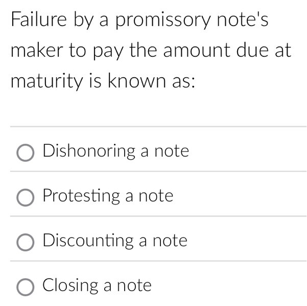 Failure by a promissory note's
maker to pay the amount due at
maturity is known as:
Dishonoring a note
Protesting a note
Discounting a note
Closing a note