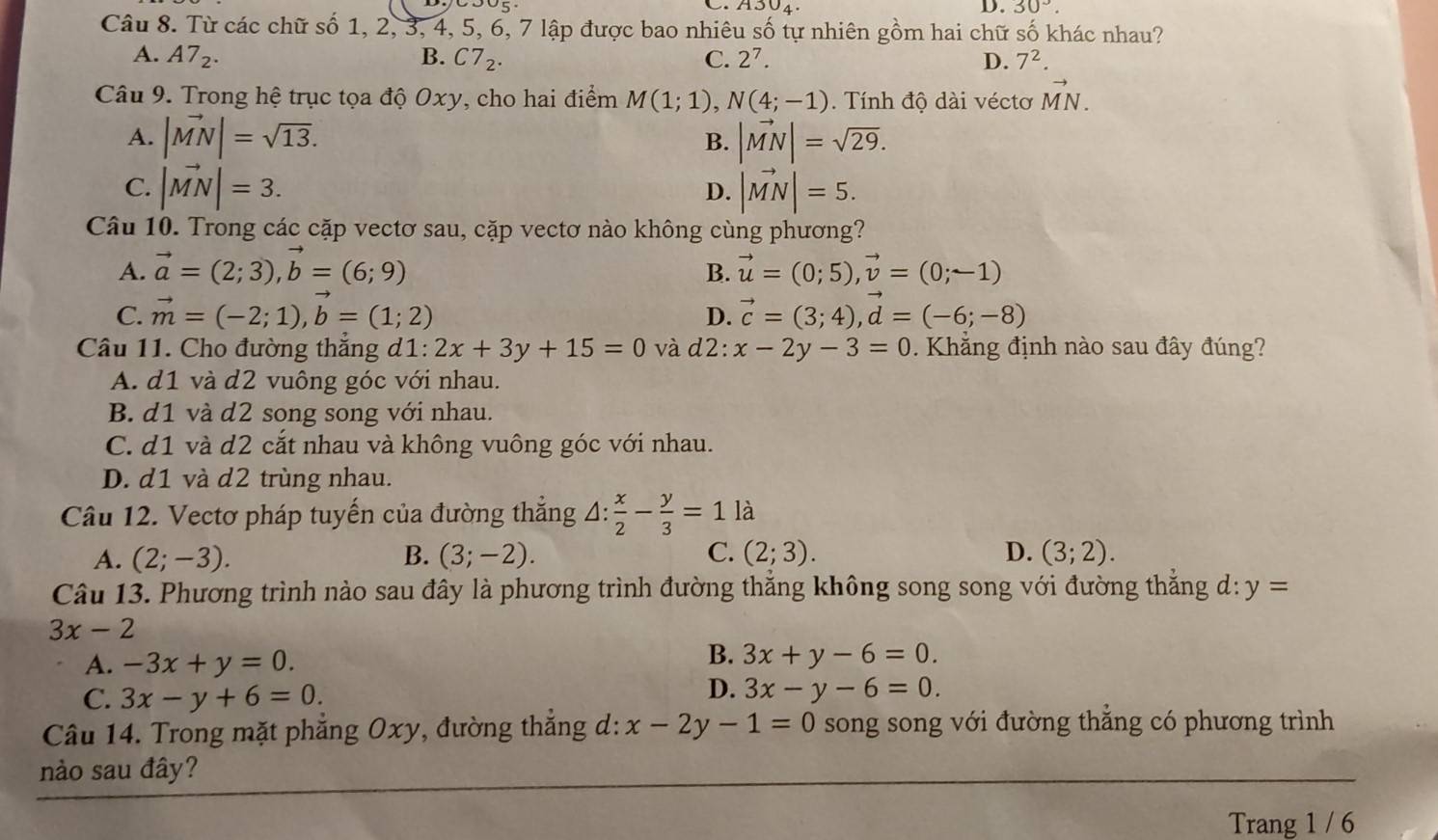 30°.
Câu 8. Từ các chữ số 1, 2, 3, 4, 5, 6, 7 lập được bao nhiêu shat O - tự nhiên gồm hai chữ số khác nhau?
A. A7_2. B. C7_2. C. 2^7. D. 7^2.
Câu 9. Trong hệ trục tọa độ Oxy, cho hai điểm M(1;1),N(4;-1). Tính độ dài véctơ vector MN.
A. |vector MN|=sqrt(13). |vector MN|=sqrt(29).
B.
C. |vector MN|=3. |vector MN|=5.
D.
Câu 10. Trong các cặp vectơ sau, cặp vectơ nào không cùng phương?
A. vector a=(2;3),vector b=(6;9) vector u=(0;5),vector v=(0;-1)
B.
C. vector m=(-2;1),vector b=(1;2) D. vector c=(3;4),vector d=(-6;-8)
Câu 11. Cho đường thắng 1:2x+3y+15=0 và d2: x-2y-3=0 0. Khẳng định nào sau đây đúng?
A. d1 và d2 vuông góc với nhau.
B. d1 và d2 song song với nhau.
C. d1 và d2 cắt nhau và không vuông góc với nhau.
D. d1 và d2 trùng nhau.
Câu 12. Vectơ pháp tuyến của đường thắng . △ : : x/2 - y/3 =1la
A. (2;-3). B. (3;-2). (2;3). D. (3;2).
C.
Câu 13. Phương trình nào sau đây là phương trình đường thắng không song song với đường thắng d: y=
3x-2
A. -3x+y=0.
B. 3x+y-6=0.
C. 3x-y+6=0. D. 3x-y-6=0.
Câu 14. Trong mặt phẳng Oxy, đường thắng d: x-2y-1=0 song song với đường thăng có phương trình
nào sau đây?
Trang 1 / 6