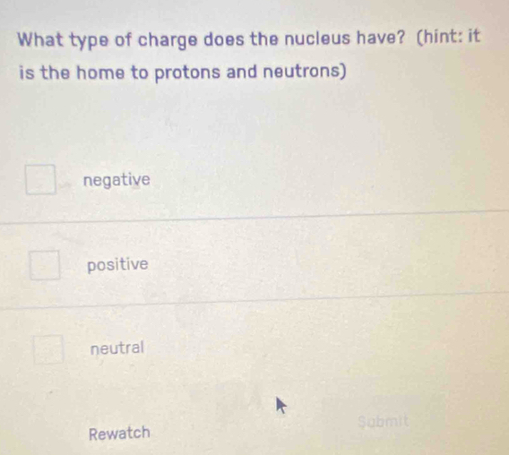 What type of charge does the nucleus have? (hint: it
is the home to protons and neutrons)
negative
positive
neutral
Rewatch