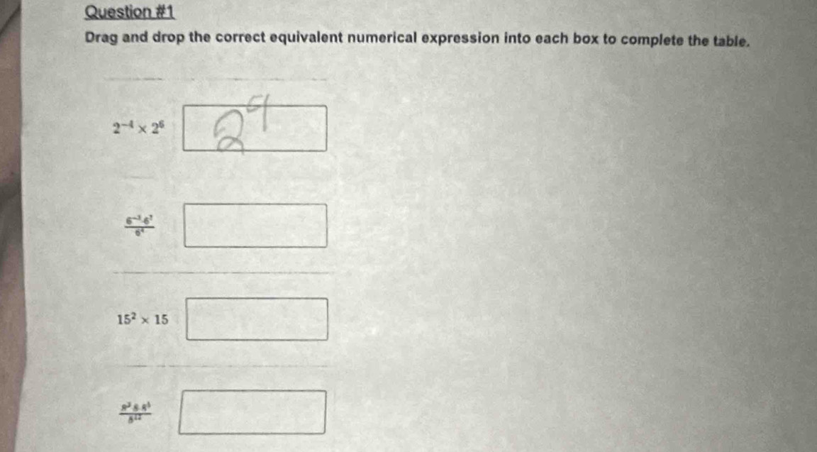 Drag and drop the correct equivalent numerical expression into each box to complete the table.
2^(-4)* 2^6□° )
 (6^(-3)4^2)/6^4  □ 
_
15^2* 15□
_
 (a^38.6^5)/8^(12) | □