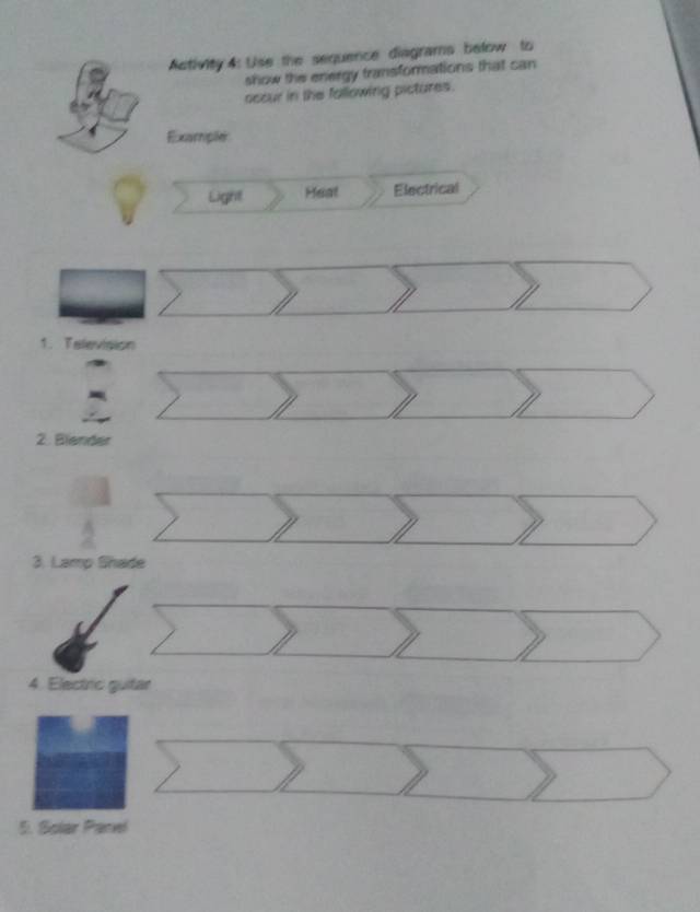 Activity 4: Use the sequence diagrams below to 
show the energy transformations that can 
occur in the fallowing pictures. 
Example 
Light Heat Electrical 
1. Television 
2. Bliender 
3. Lamp Shade 
4. Electric guitar 
5. Solar Panel