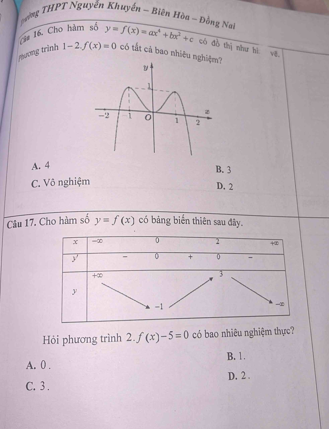 Thường THPT Nguyễn Khuyến - Biên Hòa - Đồng Nai
Câu 16. Cho hàm số
có tất cả bao nhiêu ng
Phương trình 1 -2.f(x)=0 y=f(x)=ax^4+bx^2+c có đồ thị như hì vẽ.
A. 4 B. 3
C. Vô nghiệm
D. 2
Câu 17. Cho hàm số y=f(x) có bảng biến thiên sau đây.
Hỏi phương trình 2.f(x)-5=0 có bao nhiêu nghiệm thực?
B. 1.
A. 0 .
D. 2 .
C. 3 .