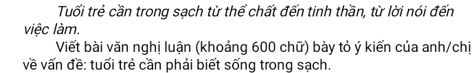 Tuổi trẻ cần trong sạch từ thể chất đến tinh thần, từ lời nói đến 
việc làm. 
Viết bài văn nghị luận (khoảng 600 chữ) bày tỏ ý kiến của anh/chị 
về vấn đề: tuổi trẻ cần phải biết sống trong sạch.