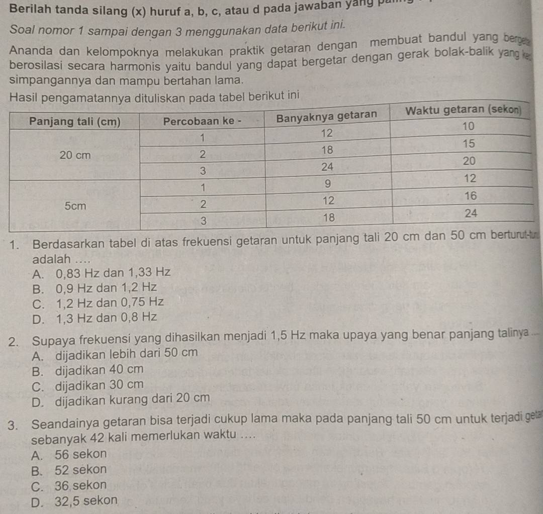 Berilah tanda silang (x) huruf a, b, c, atau d pada jawaban ya g 
Soal nomor 1 sampai dengan 3 menggunakan data berikut ini.
Ananda dan kelompoknya melakukan praktik getaran dengan membuat bandul yang ber
berosilasi secara harmonis yaitu bandul yang dapat bergetar dengan gerak bolak-balik yan 
simpangannya dan mampu bertahan lama.
erikut ini
1. Berdasarkan tabel di atas frekuensi getaran untuk panjang tali 20t
adalah ...
A. 0,83 Hz dan 1,33 Hz
B. 0,9 Hz dan 1,2 Hz
C. 1,2 Hz dan 0,75 Hz
D. 1,3 Hz dan 0,8 Hz
2. Supaya frekuensi yang dihasilkan menjadi 1,5 Hz maka upaya yang benar panjang talinya ...
A. dijadikan lebih dari 50 cm
B. dijadikan 40 cm
C. dijadikan 30 cm
D. dijadikan kurang dari 20 cm
3. Seandainya getaran bisa terjadi cukup lama maka pada panjang tali 50 cm untuk terjadi get
sebanyak 42 kali memerlukan waktu ...
A. 56 sekon
B. 52 sekon
C. 36 sekon
D. 32,5 sekon