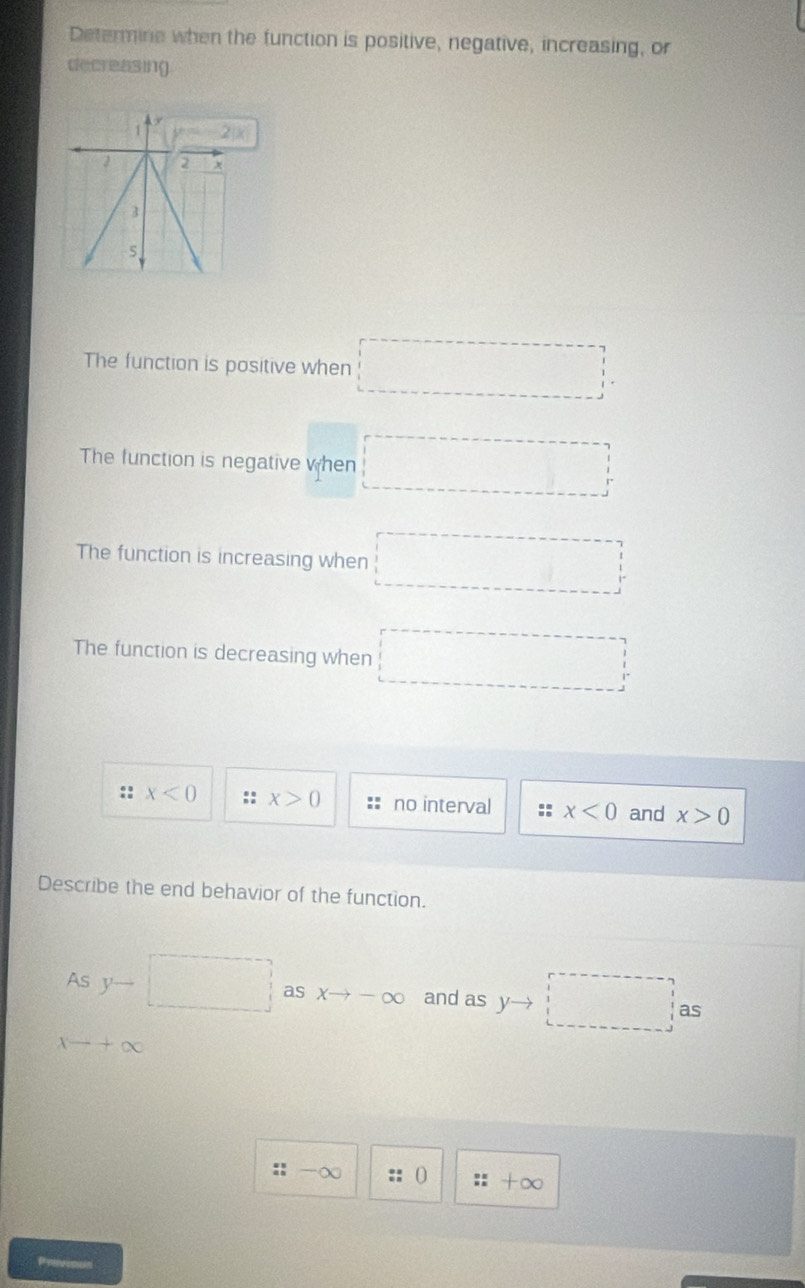 Determine when the function is positive, negative, increasing, or
decreasin()
The function is positive when □°
The function is negative when □
The function is increasing when □
The function is decreasing when □
:: x<0</tex> :: x>0 no interval :: x<0</tex> and x>0
Describe the end behavior of the function.
Asy-□ as xto -∈fty and as yto □ as
xto +∈fty
:: ∞ :: 0 ::
Provisun