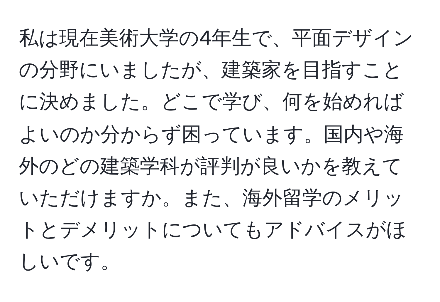 私は現在美術大学の4年生で、平面デザインの分野にいましたが、建築家を目指すことに決めました。どこで学び、何を始めればよいのか分からず困っています。国内や海外のどの建築学科が評判が良いかを教えていただけますか。また、海外留学のメリットとデメリットについてもアドバイスがほしいです。