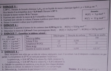 On a besoin d'un échantillon de , l'hexane de formule chimique C_6H_14 est un liquide de masse volumique égale à rho =0.66g.cm^(-3).
A20°C
n=0,19
1. Calculer la masse molaire M de l'hexane. mot d'hexane à 20°C. Données
M(H)=1g.mol^(-1)
2. Exprimer puis calculer la masse m de l'echantillon d'hexane
3. Exprimer puis calculer le volume d'hexane à préfever pour obtenir la quantité voulue. M(C)=12g.mol^(-1)
4. Donner le matériel à utliser pour le prélèvement.
D EXERCICE 6 ：
1. Déterminer la quantité d'atomes de fer comenue dans 0,200 kg de fer. M(Fe)=55.8g.mol^(-1)
2. Déterminer la masse de 2,30 mot d'ions permanganate MnO_4^(-,M(O)=16,0g.mol^-1):M(Mn)=54,9g.mol^(-1)
EXERCICE 7 :
Données
R=8.31Lmol^(-1).K^(-1).
M(H)=1gmol^(-1)
M(C)=12gmol^(-1)
M(O)=16g.mol^(-1)
M(S)=32g.mol^(-1)
L exercice 8 : Deux récipients sont reliés par un tube de volume négligeable muni d'un robinet. Les 2 récipients contienment un gaz
parfait. La température de 27°C ne varie pas pendant l'expériencn,  (récipient 1).
La pression La pression P_1=2,0.10^5 Pa et le voliume V_1=2beta L
p_2=1,0.10^5 Pa et le volume V_2=5,0
1, Caleuer les quantités de matière π, et π5 de gaz dans chaque récipient. L (récipient 2).
2. On ouvre le robînet. En déduire le volume sotal V occupé par le gaz
3. Déterminer p, , la pression du gaz lorsque le roblast est ouvert.  Données : R=8.31J.mol^(-1).X^(-1).