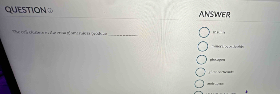 QUESTION
ANSWER
The cell clusters in the zona glomerulosa produce _insulin
mineralocorticoids
glucagon
glucocorticoids
androgens