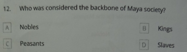 Who was considered the backbone of Maya society?
A Nobles
B Kings
C Peasants D Slaves