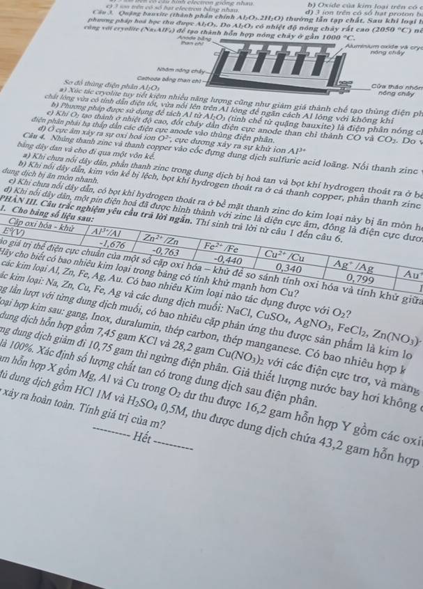 tnh electron gióng nhm
c) 3 sa trên có số hạt electron bằng nhan. b) Oxide của kim loại trên có c
Cầu 3. Quặng banxite (thành phần chính Al_2O_3.2H_2O) d) 3 ion trên có số hạt proton b.
phương pháp hoá học thu được Al₂O₃. Dọ Al_2O_3 thường lẫn tạp chất. Sau khi loại h
cũng với eryolite (NasA 11 ) để tạo thành hỗn hợp nóng chảy ở gần có nhiệt độ nóng chảy rất cao (2050°C) n
Anode bằng tan ch 1000°C. Aluminium oxide và crão
C
nóng cháy
Nhâm năng chây
Cathode bằng than ch1 Cửa tháo nhóm
Sơ đồ thùng điện phân Al_2O_3 nóng cháy
) Xúc tác cryolite tuy tiết kiệm nhiều năng lượng cũng như giảm giá thành chế tạo thùng điện ph
chất lóng vừa có tính dẫn điện tốt, vừa nôi lên trên Al lóng để ngăn cách Al lóng với không khi
b) Phương pháp được sử dụng để tách Al từ Al_2O_3 (tỉnh chế từ quặng bauxite) là điện phân nóng c.
c) Khí Oị tạo thành ở nhiệt độ cao, đốt cháy dân điện cực anode than chỉ thành CO và CO_2
điện phân phải hạ thấp dẫn các điện cực anode vào thùng điện phân. . Do v
d) Ở cực âm xây ra sự oxi hoá ion O^2 , cực đương xảy ra sự khử ion Al^(3+)
bằng dây dan và cho đi qua một vôn kế.
Câu 4. Nhúng thanh zine và thanh copper vào cốc đựng dung dịch sulfuric acid loãng. Nối thanh zinc
a) Khi chưa nổi dây dân, phần thanh zinc trong dung dịch bị hoà tan và bọt khí hydrogen thoát ra ở bộ
dung dịch bị ăn môn nhanh.
b) Khi nổi dây dẫn, kim vôn kể bị lệch, bọt khí hydrogen thoát ra ở cả thanh copper, phần thanh zinc
e) Khi chưa nổi dây dẫn, có bọt khỉ hydrogen thoát ra ở bề mặh
d) Khi nổi dây dân, một pin điện hoá đã đượ
1
PHẢN III. Câu tr
B giữa
H
tác dụng được với
1
ládung dịch muối: NaCl, CuSO. uSO_4,AgNO_3,FeCl_2,Zn(NO_3) O_2 ?
ng dung dịch muồi, có bao nhiêu cặp phản ứng thu được sản phầm là kim lo
oại hợp kim sau: gang, Inox, duralumin, thép carbon, thép manganese. Có bao nhiêu hợp k
dung dịch hỗn hợp gồm 7,45 gam KCl và 28,2 gam Cu(NO_3) 2 với các điện cực trơ, và mảng
ng dung dịch giảm đi 10,75 gam thì ngừng điện phân. Giả thiết lượng nước bay hơi không
là 100%. Xác định số lượng chất tan có trong dung dịch sau điện phân.
im hỗn hợp X gồm Mg, Al và Cu trong O_2
đủ dung dịch gồm HCl 1M và H_2SO_40,5M _ dư thu được 16,2 gam hỗn hợp Y gồm các oxi
xảy ra hoàn toàn. Tính giá trị của m?
Hết
, thu được dung dịch chứa 43,2 gam hỗn hợp
