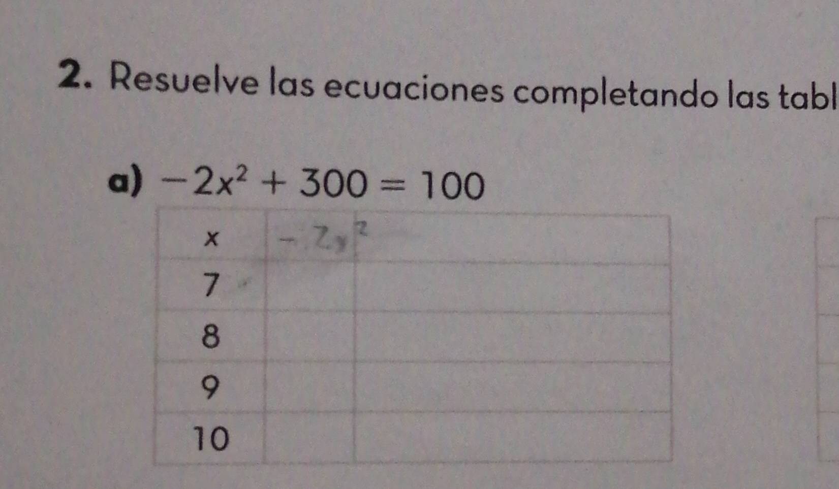 Resuelve las ecuaciones completando las tabl 
a) -2x^2+300=100