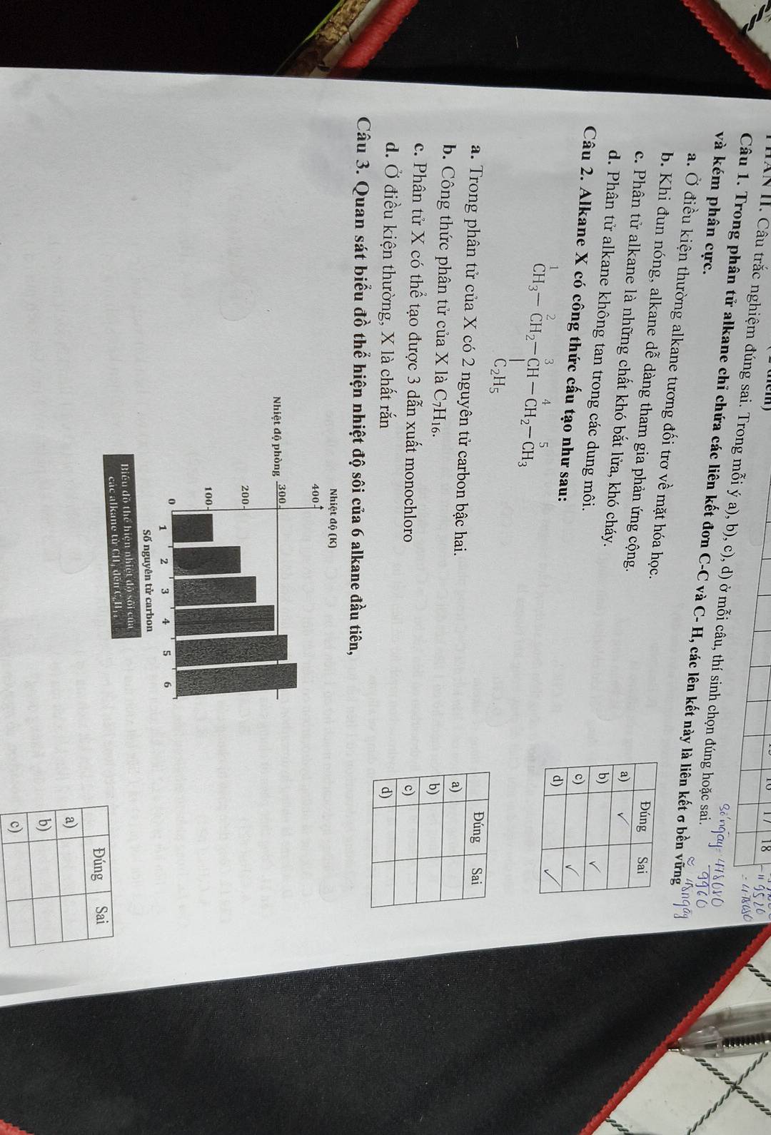 HAN H. Câu trắc nghiệm đúng sai. Trong mỗi ý a), b), c), d) ở mỗi câu, thí sinh chọn đúng hoặc sai.
và kém phân cực.
Câu 1. Trong phân tử alkane chỉ chứa các liên kết đơn C-C và C- H, các lên kết này là liên kết σ bền vững
a. Ở điều kiện thường alkane tương đối trơ về mặt hóa học.
b. Khi đun nóng, alkane dễ dàng tham gia phản ứng cộng.
c. Phân tử alkane là những chất khó bắt lửa, khó cháy.
d. Phân tử alkane không tan trong các dung môi.
Câu 2. Alkane X có công thức cấu tạo như sau:
^1CH_3-CH_2-CH-CH_2-CH_3-CH_3
a. Trong phân tử của X có 2 nguyên tử carbon bậc hai.
b. Công thức phân tử của X là C7H16.
c. Phân tử X có thể tạo được 3 dẫn xuất monochloro
d. Ở điều kiện thường, X là chất rắn 
Câu 3. Quan sát biểu đồ thể hiện nhiệt độ sôi của 6 alkane đầu tiên,
Đúng Sai
a)
b)
c)