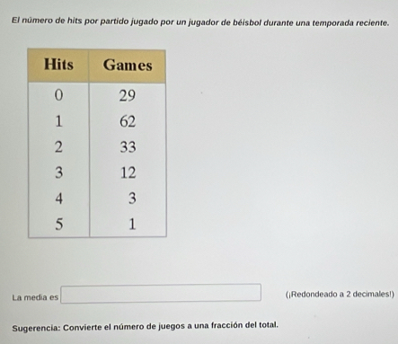 El número de hits por partido jugado por un jugador de béisbol durante una temporada reciente. 
La media es □ (¡Redondeado a 2 decimales!) 
Sugerencia: Convierte el número de juegos a una fracción del total.