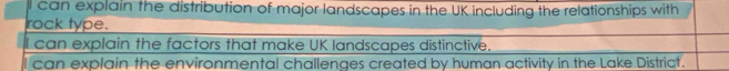 can explain the distribution of major landscapes in the UK including the relationships with
rock type.
l can explain the factors that make UK landscapes distinctive.
l can explain the environmental challenges created by human activity in the Lake District.