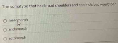 The somatype that has broad shoulders and apple shaped would be?
mesomorph
endomorph
ectomorph