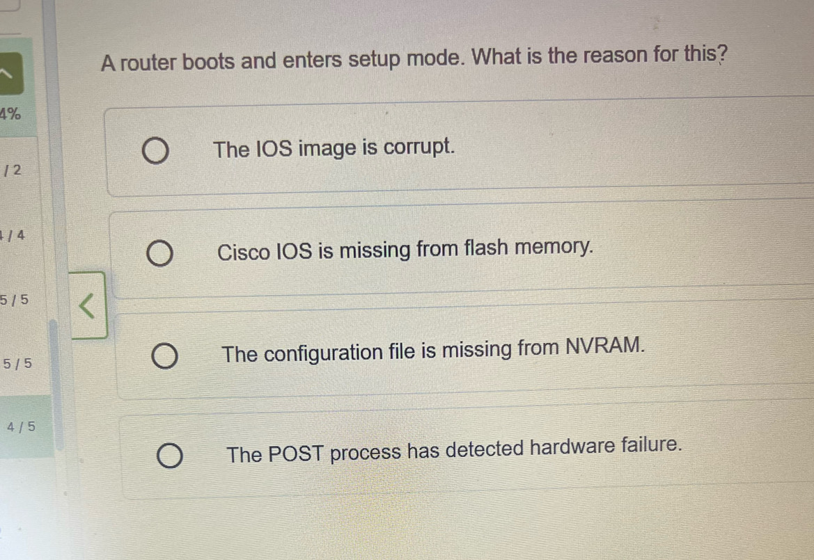 Solved: A router boots and enters setup mode. What is the reason for ...