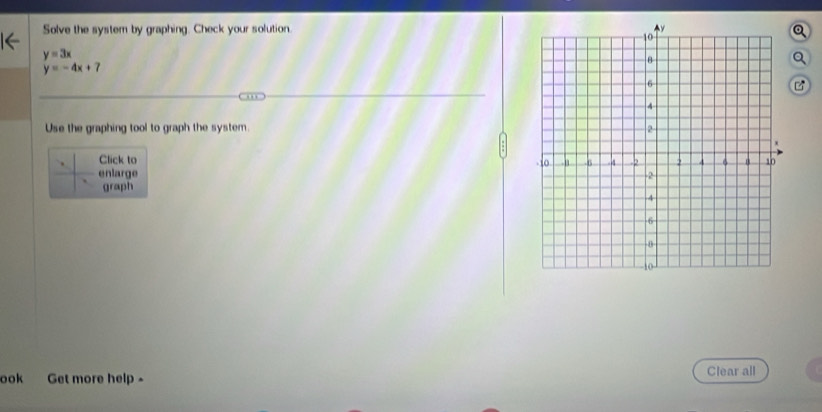 Solve the system by graphing. Check your solution.
y=3x
a
y=-4x+7
Use the graphing tool to graph the syster. 
Click to 
enlarge 
graph
ook Get more help - Clear all