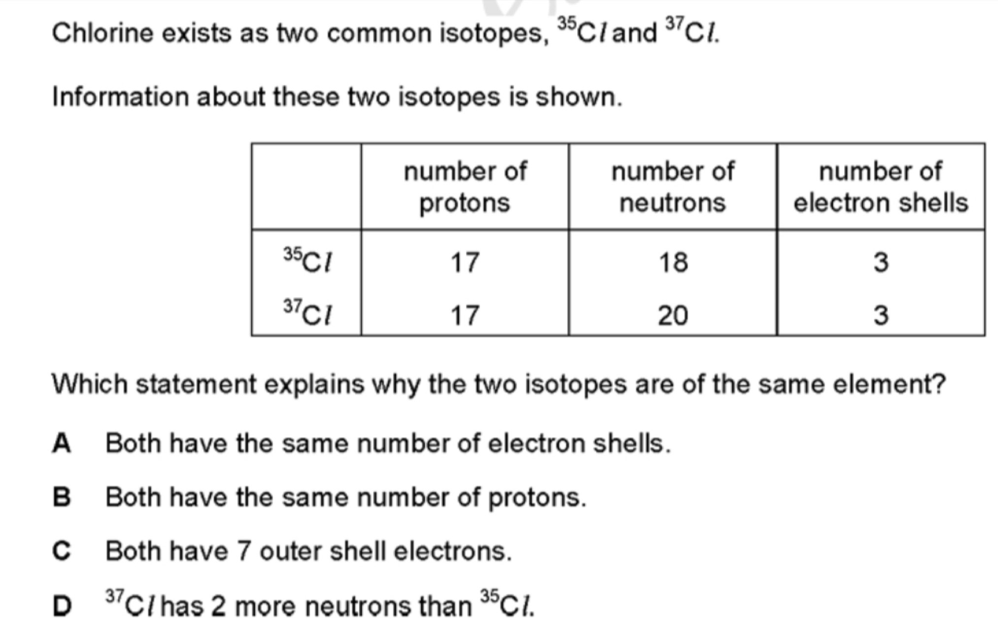 Chlorine exists as two common isotopes, ^35Cl and^(37)Cl.
Information about these two isotopes is shown.
Which statement explains why the two isotopes are of the same element?
A Both have the same number of electron shells.
B Both have the same number of protons.
C Both have 7 outer shell electrons.
D^(37)C 1has 2 more neutrons than^(35)Cl.