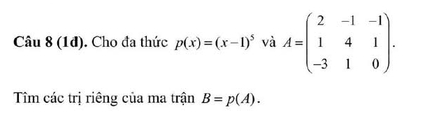 (1đ). Cho đa thức p(x)=(x-1)^5 và A=beginpmatrix 2&-1&-1 1&4&1 -3&1&0endpmatrix. 
Tîm các trị riêng của ma trận B=p(A).