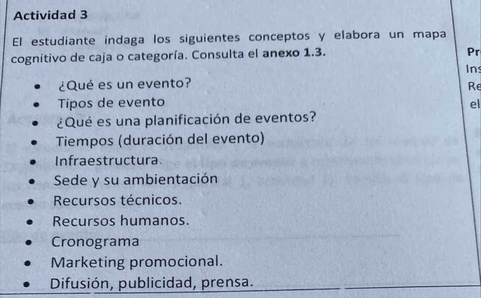 Actividad 3
El estudiante indaga los siguientes conceptos y elabora un mapa
cognitivo de caja o categoría. Consulta el anexo 1.3.
Pr
Ins
¿Qué es un evento? Re
Tipos de evento el
¿Qué es una planificación de eventos?
Tiempos (duración del evento)
Infraestructura.
Sede y su ambientación
Recursos técnicos.
Recursos humanos.
Cronograma
Marketing promocional.
Difusión, publicidad, prensa.