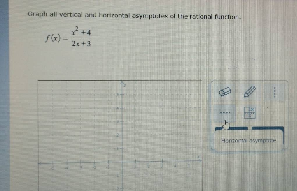 Graph all vertical and horizontal asymptotes of the rational function.
f(x)= (x^2+4)/2x+3 
--- frac beginarrayr 14x hline endarray  1/2 
Horizontal asymptote
-2