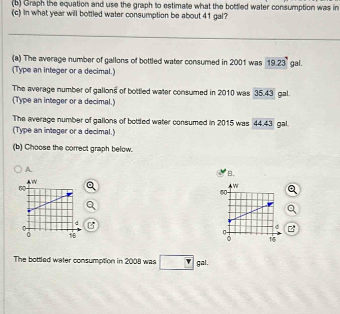 Graph the equation and use the graph to estimate what the bottled water consumption was in 
(c) In what year will bottled water consumption be about 41 gal? 
_ 
_ 
(a) The average number of gallons of bottled water consumed in 2001 was 19.23 gal. 
(Type an integer or a decimal.) 
The average number of gallons of bottled water consumed in 2010 was 35.43 gal. 
(Type an integer or a decimal.) 
The average number of gallons of bottled water consumed in 2015 was 44.43 gal. 
(Type an integer or a decimal.) 
(b) Choose the correct graph below. 
A. 
B. 

The bottled water consumption in 2008 was gal.