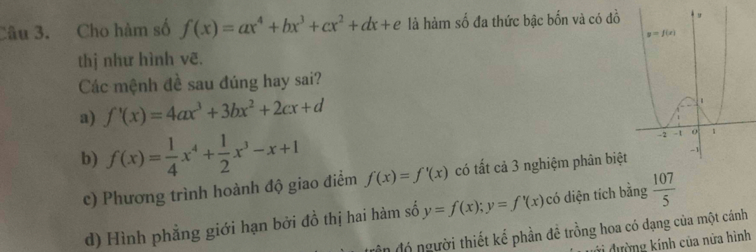 Cho hàm số f(x)=ax^4+bx^3+cx^2+dx+e là hàm số đa thức bậc bốn và có đồ
thj như hình vẽ.
Các mệnh đề sau đúng hay sai?
a) f'(x)=4ax^3+3bx^2+2cx+d
b) f(x)= 1/4 x^4+ 1/2 x^3-x+1
c) Phương trình hoành độ giao điểm f(x)=f'(x) có tất cả 3 nghiệm phân biệt
d) Hình phẳng giới hạn bởi đồ thị hai hàm số y=f(x);y=f'(x) có diện tích bằng  107/5 
đôn đó người thiết kế phần đề trồng hoa có dạng của một cánh
đới đường kính của nửa hình