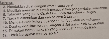 Across 
3. Hendaklah dicat dengan warna yang cerah 
4. Mestilah mencukupi untuk memudahkan pengendalian makanan 
5. Tatacara yang perlu dipatuhi semasa menjalankan tugas 
7. Tiada fi dikenakan dan sah selama 3 tah :un 
10. Mengelakkan kotoran daripada rambut jatuh ke makanan 
12. Daging dan ikan terus disimpan disini untuk elak kerosakan 
15. Dimakan bersama kuah yang diperbuat daripada ikan 
17. Tidak berupaya menyerap air