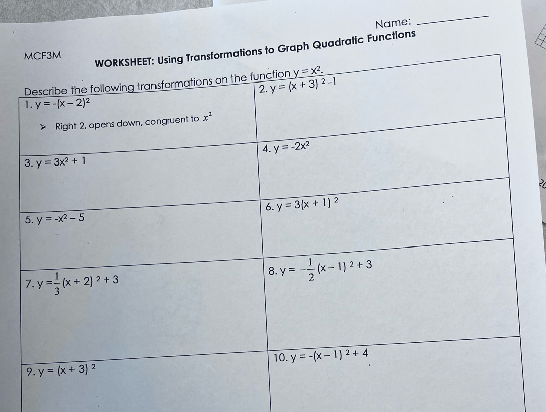 Name:
_
adratic Functions