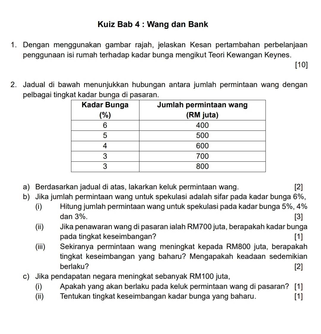 Kuiz Bab 4 : Wang dan Bank 
1. Dengan menggunakan gambar rajah, jelaskan Kesan pertambahan perbelanjaan 
penggunaan isi rumah terhadap kadar bunga mengikut Teori Kewangan Keynes. 
[10] 
2. Jadual di bawah menunjukkan hubungan antara jumlah permintaan wang dengan 
pelbagai tingkat kadar bunga di pasaran. 
a) Berdasarkan jadual di atas, lakarkan keluk permintaan wang. [2] 
b) Jika jumlah permintaan wang untuk spekulasi adalah sifar pada kadar bunga 6%, 
(i) Hitung jumlah permintaan wang untuk spekulasi pada kadar bunga 5%, 4%
dan 3%. [3] 
(ii) Jika penawaran wang di pasaran ialah RM700 juta, berapakah kadar bunga 
pada tingkat keseimbangan? [1] 
(iii) Sekiranya permintaan wang meningkat kepada RM800 juta, berapakah 
tingkat keseimbangan yang baharu? Mengapakah keadaan sedemikian 
berlaku? [2] 
c) Jika pendapatan negara meningkat sebanyak RM100 juta， 
(i) Apakah yang akan berlaku pada keluk permintaan wang di pasaran? [1] 
(ii) Tentukan tingkat keseimbangan kadar bunga yang baharu. [1]