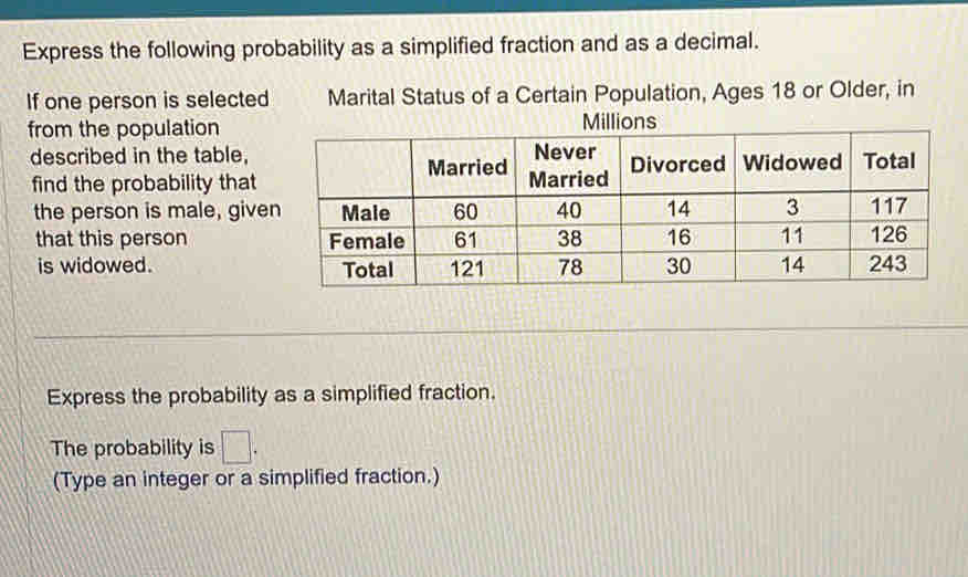 Express the following probability as a simplified fraction and as a decimal. 
If one person is selected Marital Status of a Certain Population, Ages 18 or Older, in 
from the population 
described in the table, 
find the probability that 
the person is male, give 
that this person 
is widowed. 
Express the probability as a simplified fraction. 
The probability is □. 
(Type an integer or a simplified fraction.)