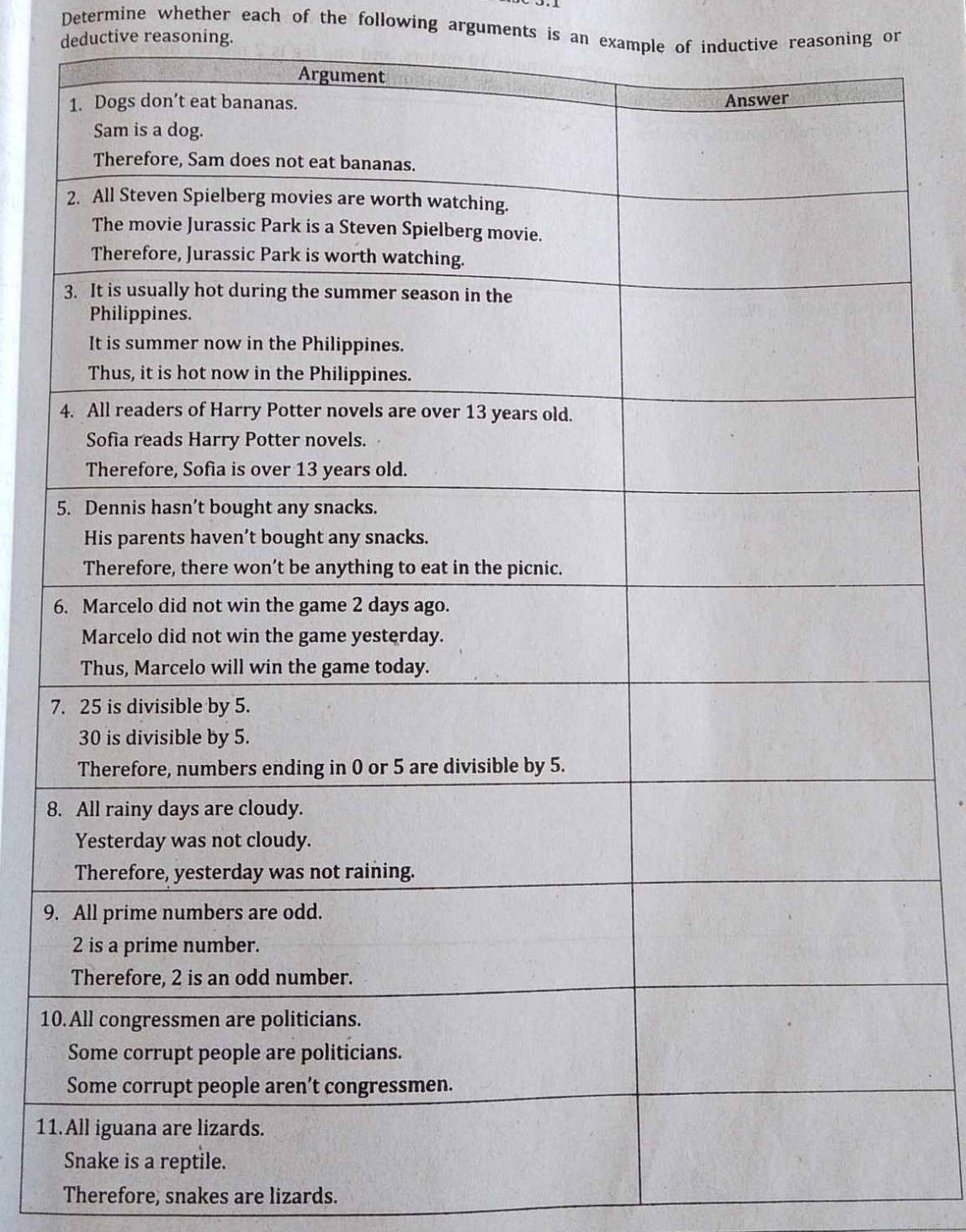 Determine whether each of the following arguments is an example of inductive reasoning or 
deductive reasoning. 
5 
6 
7 
8. 
9. 
10 
11. 
Therefore, snakes are lizards.