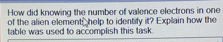 How did knowing the number of valence electrons in one 
of the alien element, help to identify it? Explain how the 
table was used to accomplish this task.