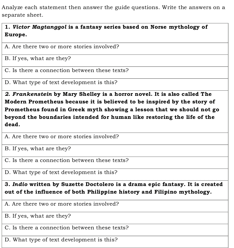 Analyze each statement then answer the guide questions. Write the answers on a
sep
1. 
Eu
A.
B.
C.
D. 
2. 
Mo
Pr
be
de
A.
B.
C.
D. 
3. 
ou
A.
B.
C.
D. What type of text development is this?