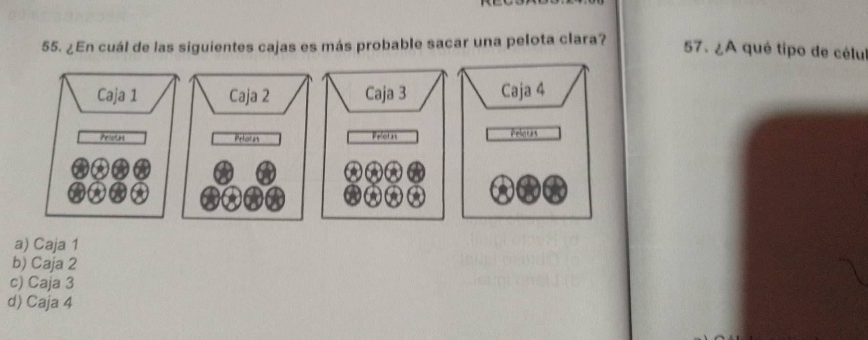 ¿En cuál de las siguientes cajas es más probable sacar una pelota clara?
57. ¿A qué tipo de célul
a) Caja 1
b) Caja 2
c) Caja 3
d) Caja 4