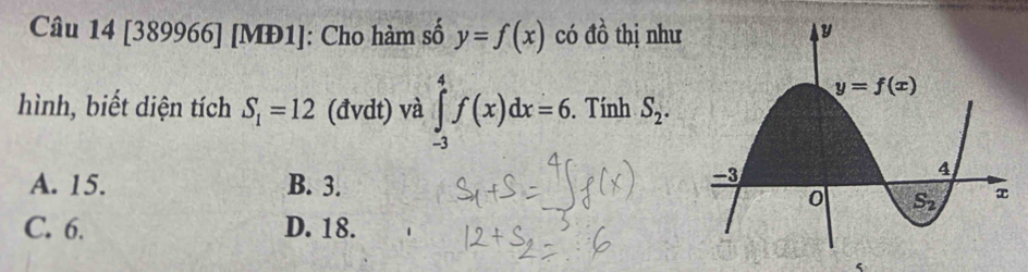 [389966] [MĐ1]: Cho hàm số y=f(x) có đồ thị như
hình, biết diện tích S_1=12 (đvdt) và ∈tlimits _(-3)^4f(x)dx=6.. Tính S_2.
A. 15. B. 3.
C. 6. D. 18.