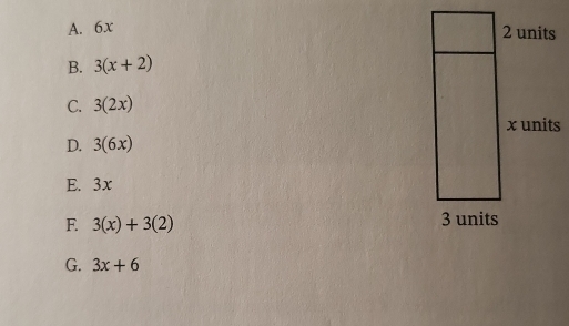 6x
B. 3(x+2)
C. 3(2x)
D. 3(6x)
E. 3x
F. 3(x)+3(2)
G. 3x+6