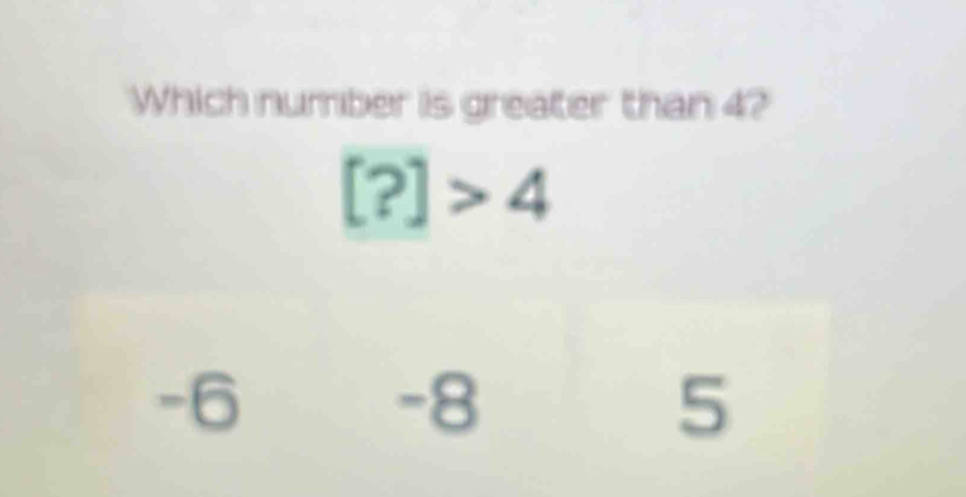 Which number is greater than 4?
[?]>4
-6
-8
5