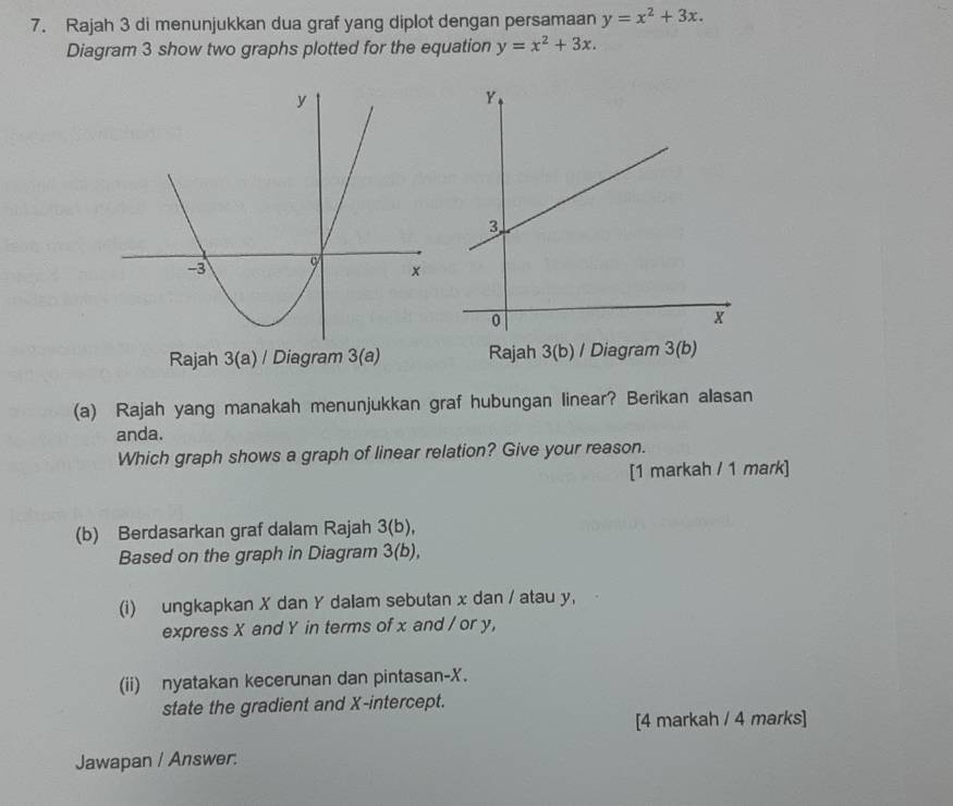 Rajah 3 di menunjukkan dua graf yang diplot dengan persamaan y=x^2+3x. 
Diagram 3 show two graphs plotted for the equation y=x^2+3x. 
Rajah 3(a) / Diagram 3(a) Rajah 3(b) / Diagram 3(b)
(a) Rajah yang manakah menunjukkan graf hubungan linear? Berikan alasan
anda.
Which graph shows a graph of linear relation? Give your reason.
[1 markah / 1 mark]
(b) Berdasarkan graf dalam Rajah 3(b),
Based on the graph in Diagram 3(b),
(i) ungkapkan X dan Y dalam sebutan x dan / atau y,
express X and Y in terms of x and / or y,
(ii) nyatakan kecerunan dan pintasan- X.
state the gradient and X-intercept.
[4 markah / 4 marks]
Jawapan / Answer.